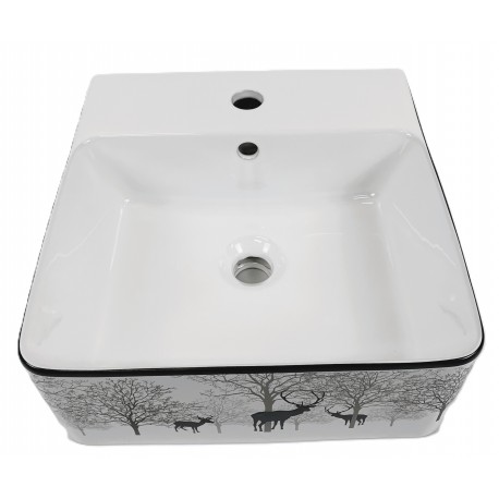 Kali, rectangle porcelain sink with glossy white finish, glossy black border and graphics